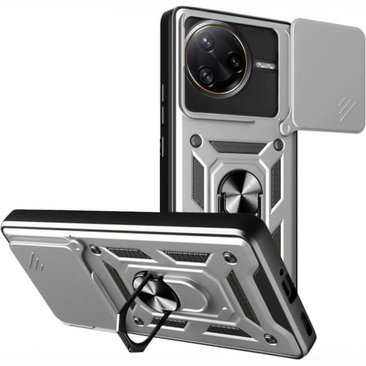 Θήκη Xiaomi Poco F7 Pro Bodycell Armor Slide Ανθεκτική με Κάλυμμα για την Κάμερα & Μεταλλικό Ring Holder - Silver (5206015082