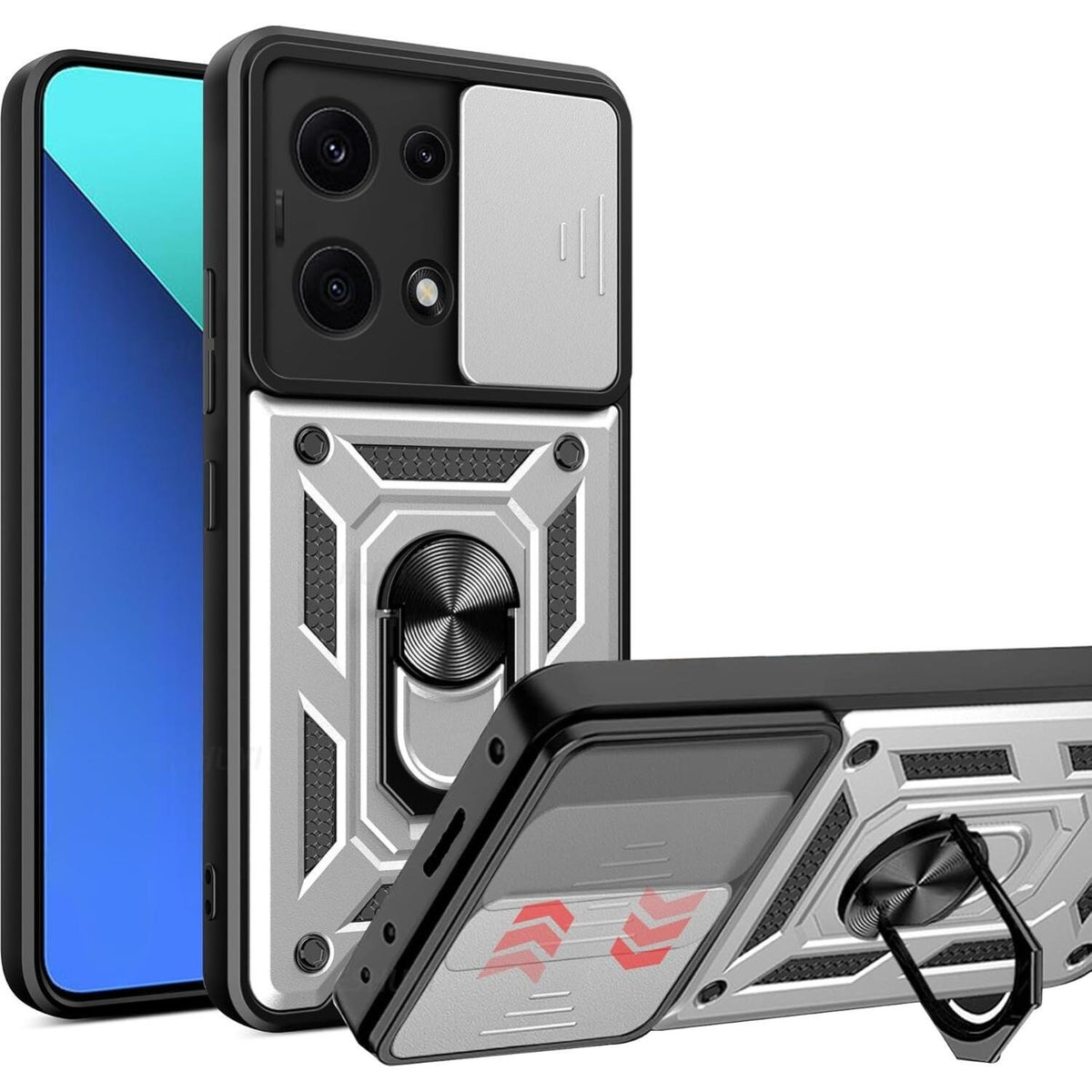Θήκη Xiaomi Redmi Note 14S Bodycell Armor Slide Ανθεκτική με Κάλυμμα για την Κάμερα & Μεταλλικό Ring Holder - Silver (5206015