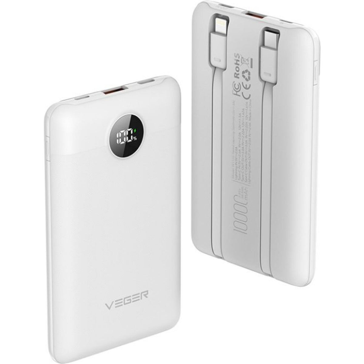 PowerBank Veger C11 με Ενσωματωμένα Καλώδια 1 x Type-C / 1 x Lightning και Θύρα 1 x USB-A 10.000mAh 22.5W - White (6970453559