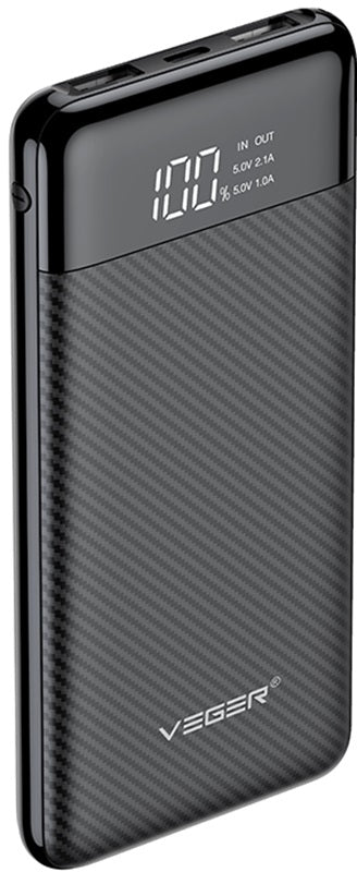Veger PowerBank L11 με Ψηφιακή Οθόνη LED - Φορητή Μπαταρία Φόρτισης με 2 x USB-Α - 10.000mAh - Black (W1087)