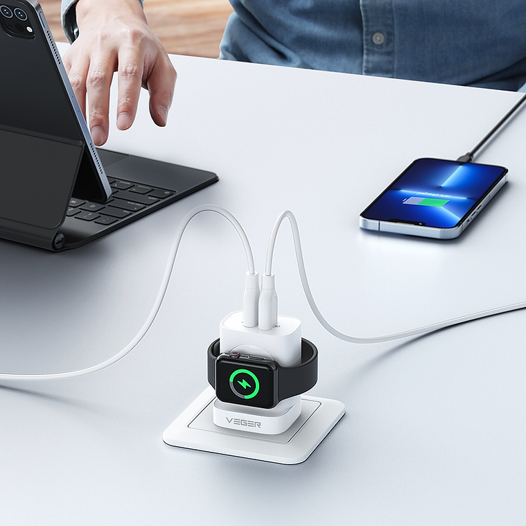 Veger Φορτιστής Χωρίς Καλώδιο με Θύρα USB-A και Θύρα USB-C 20W Power Delivery Λευκός (W002E)