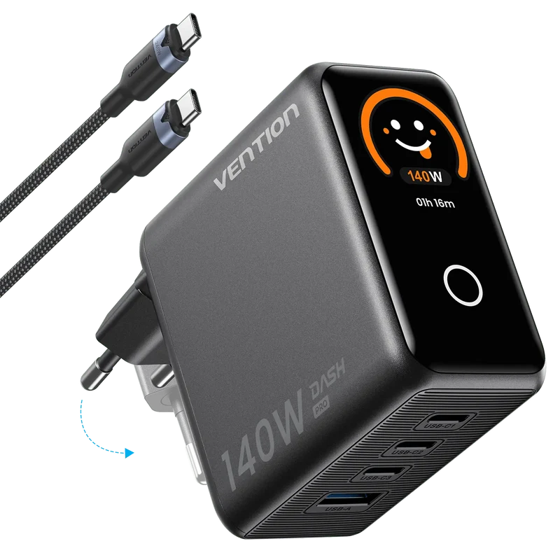 Vention Φορτιστής GaN με Θύρα USB-A και 3 Θύρες USB-C και Καλώδιο USB-C - USB-C 140W Power Delivery Μαύρος