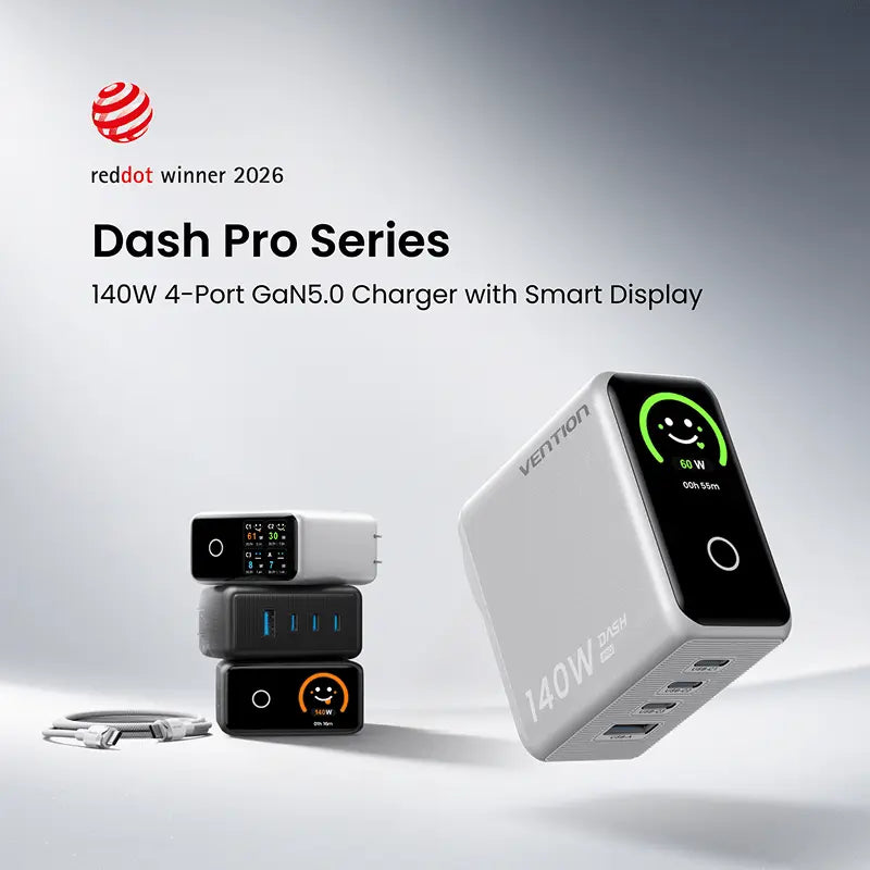 Vention Φορτιστής GaN με Θύρα USB-A και 3 Θύρες USB-C και Καλώδιο USB-C - USB-C 140W Power Delivery Μαύρος