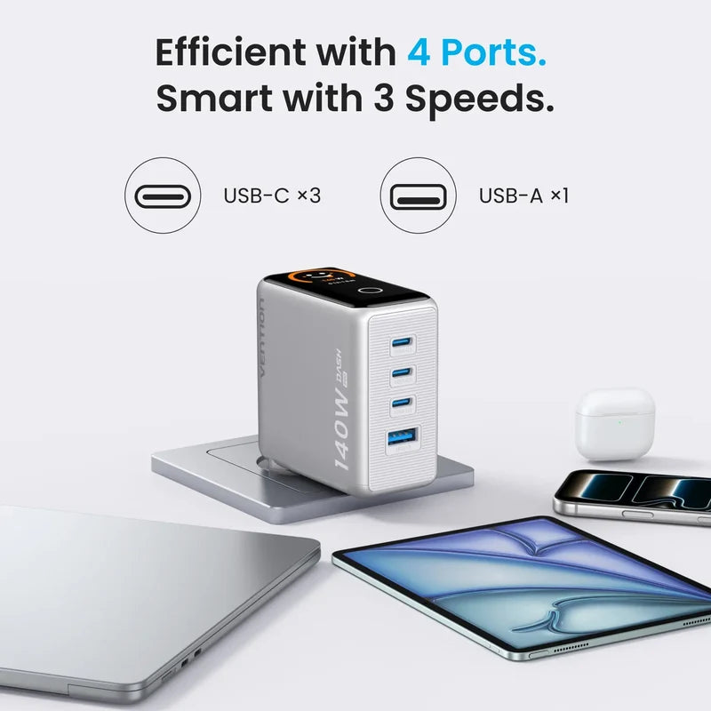 Vention Φορτιστής GaN με Θύρα USB-A και 3 Θύρες USB-C και Καλώδιο USB-C - USB-C 140W Power Delivery Μαύρος