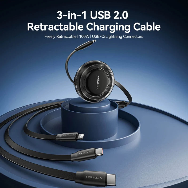 Vention 3-in-1 USB 2.0 Retractable Charging Cable Black