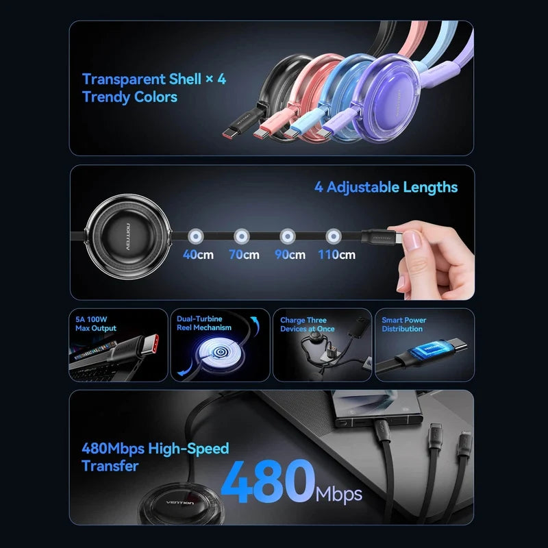 Vention 3-in-1 USB 2.0 Retractable Charging Cable Gradient Pink