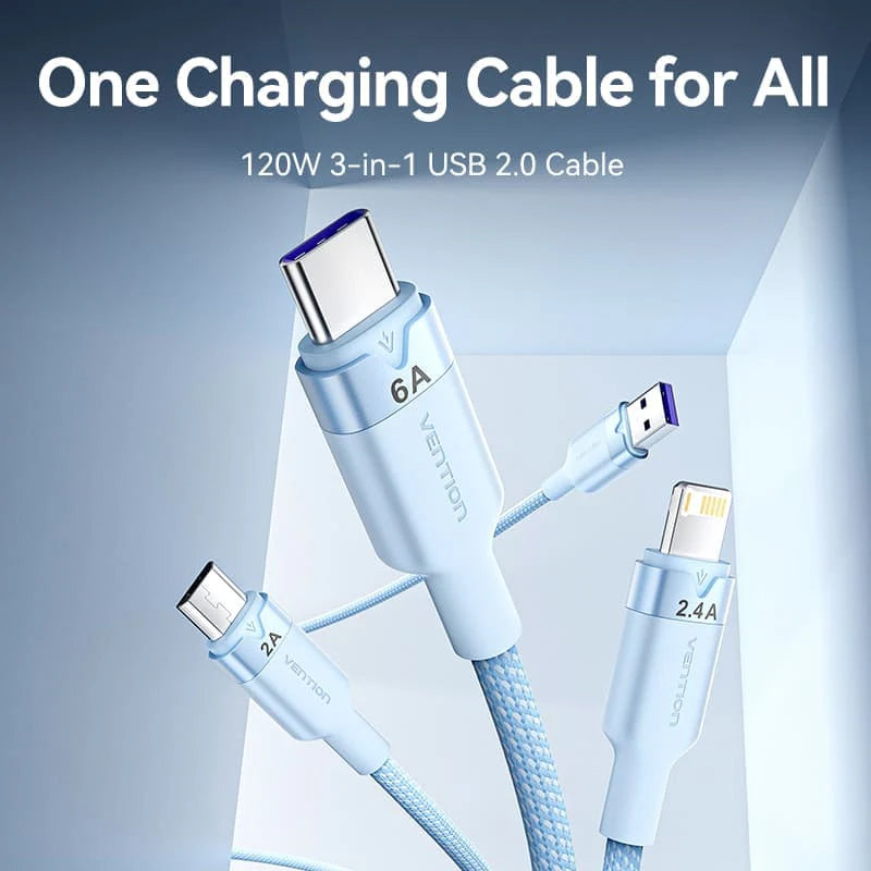 Vention Καλώδιο 3-σε-1 USB‑C / Lightning / Micro‑USB 6A 120W Λευκό (Vention CTRWG)