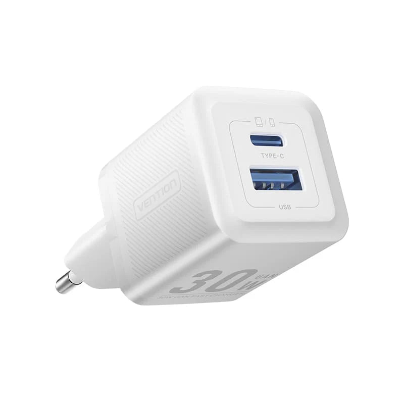 Vention 2-Port USB (C+A) GaN Charger (30W/30W) EU-Plug White