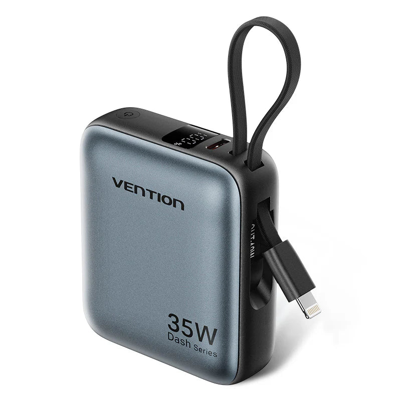 Vention 10000mAh Mini Power Bank (USB-C+USB-C/Lightning) with Built-in USB-Cand Lightning Cables 35W Gray