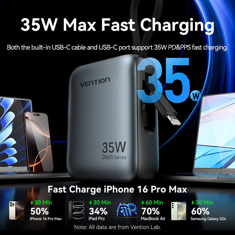 Vention 10000mAh Mini Power Bank (USB-C+USB-C/Lightning) with Built-in USB-Cand Lightning Cables 35W Gray