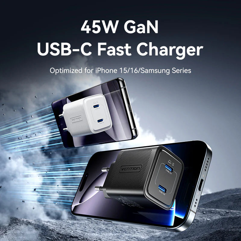 Vention 2-Port USB (C + C) GaN Charger (45W/45W) EU-Plug Black (FEFW0-EU)