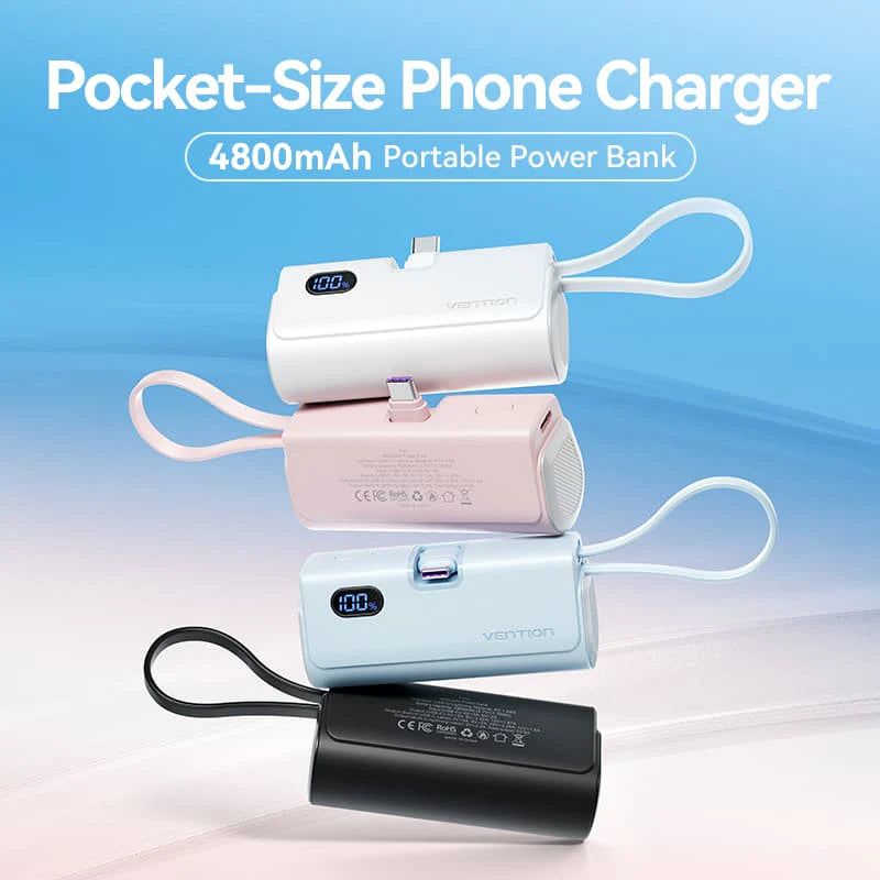 Vention LED Display 4800mAh Power Bank (USB-C + Lightning + USB-C) 22.5W White Foldable C Type