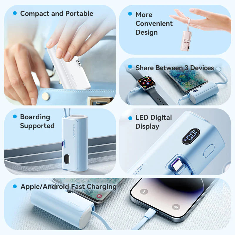 Vention LED Display 4800mAh Power Bank (USB-C + Lightning + USB-C) 22.5W Black Foldable Lightning Type