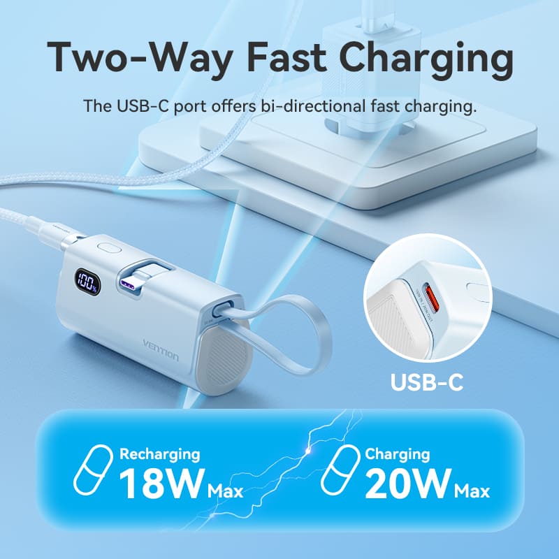 Vention LED Display 4800mAh Power Bank (USB-C + Lightning + USB-C) 22.5W White Foldable Lightning Type