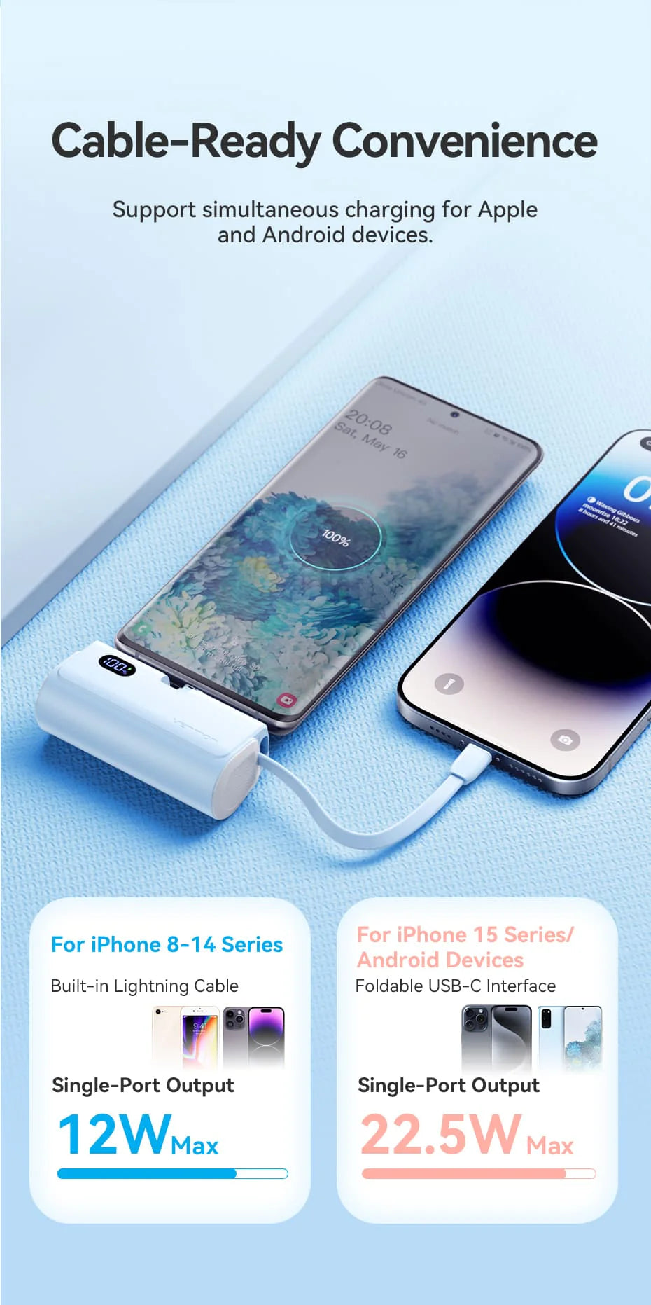 Vention LED Display 4800mAh Power Bank (USB-C + Lightning + USB-C) 22.5W Black Foldable Lightning Type