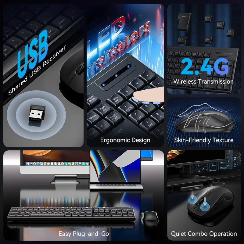 Vention Wireless Full-Sized Silent Keyboard and Mouse Combo Black Slim Type KTZB0-EN