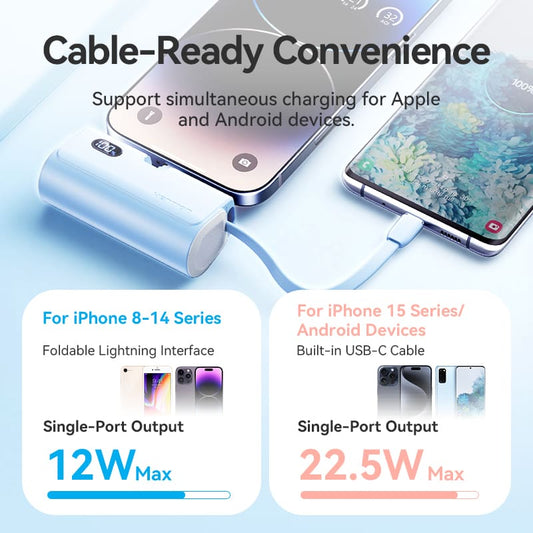 LED Display 4800mAh Power Bank (USB-C + Lightning + USB-C) 22.5W White Foldable Lightning Type